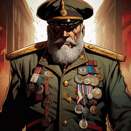 An aging general with a grey-flecked beard, wearing a uniform marked by golden epaulettes and medals indicative of valor, rendered in the distinct art style of the 'Hellboy' comics.