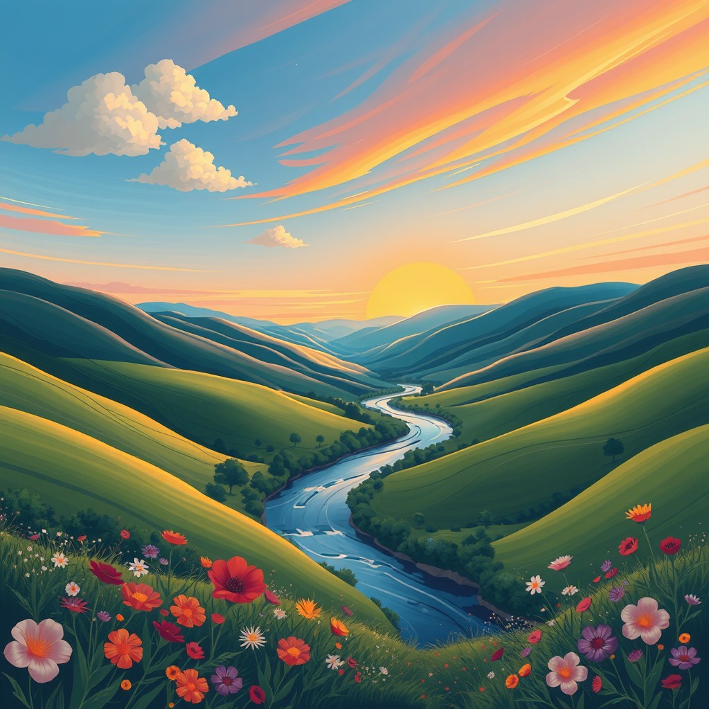 A modern digital painting featuring soft lines and gentle curves, depicting a serene landscape with rolling hills, a transparent river flowing through the valley, and a colorful sunset sky