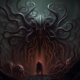 Generate a piece of art inspired by the Gothic, Lovecraftian aesthetics of the video game 'Darkest Dungeon', with its grim heroes, eerie environments, and menacing, otherworldly creatures