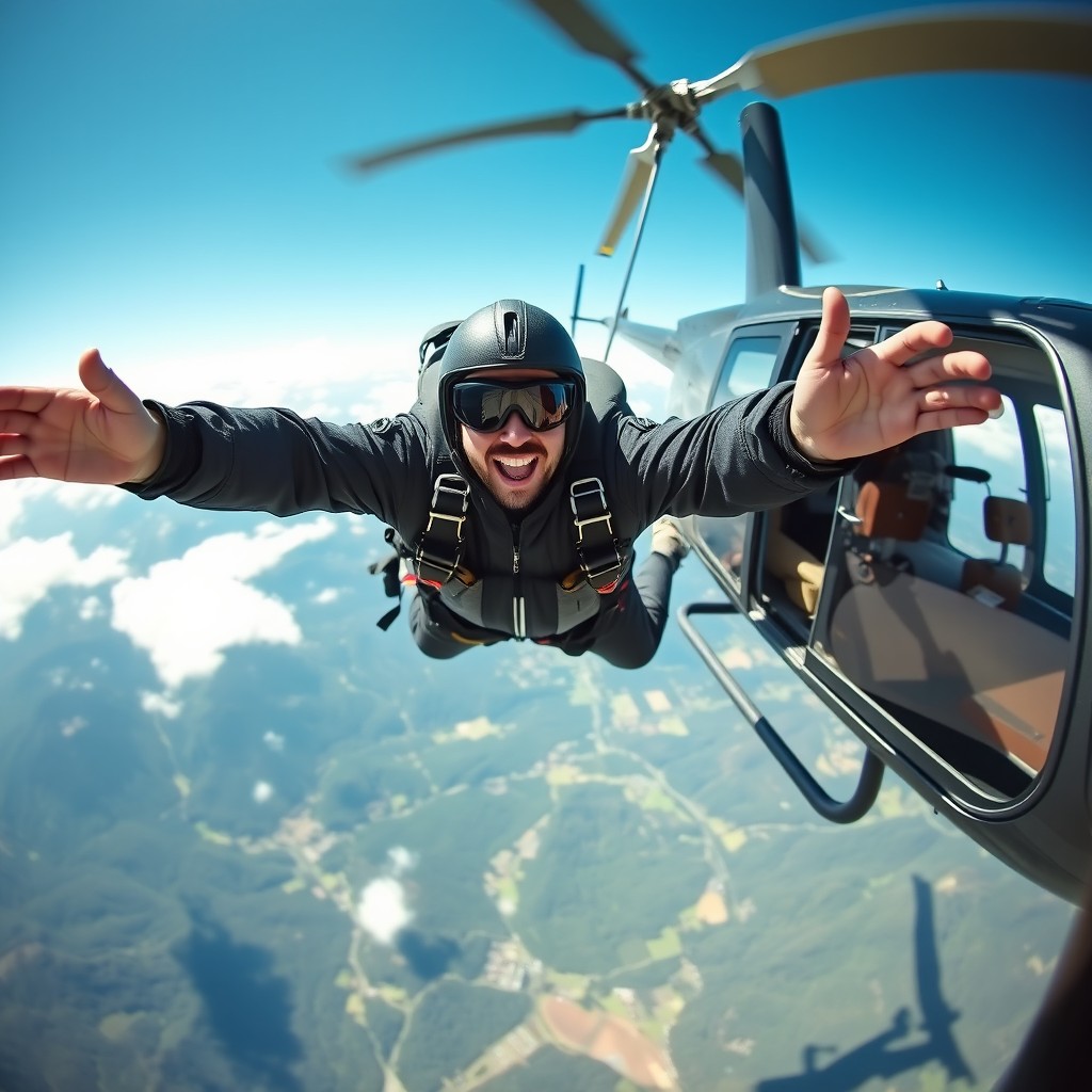 A man jumping out of a helicopter while parachuting, capturing the moment of free fall