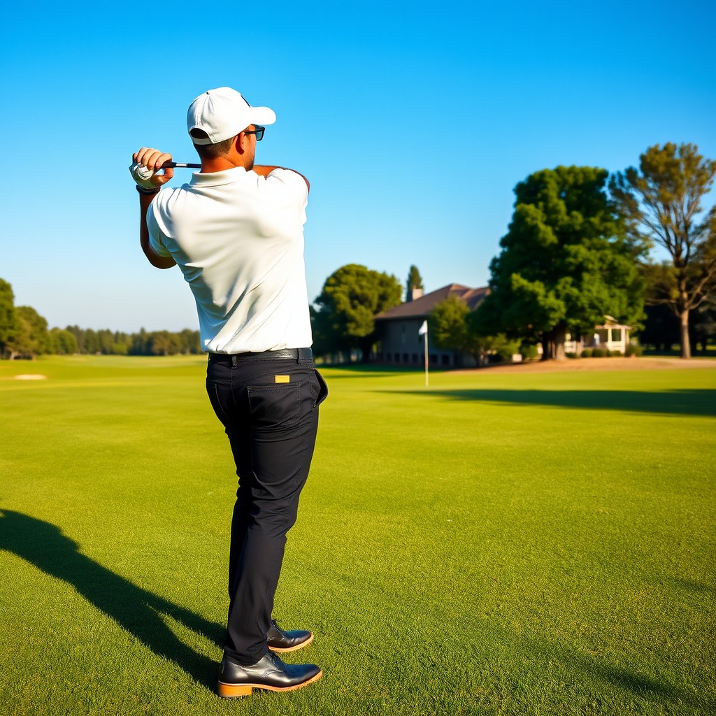 A man playing golf, wearing a white cap, a classy white polo shirt, and black jeans