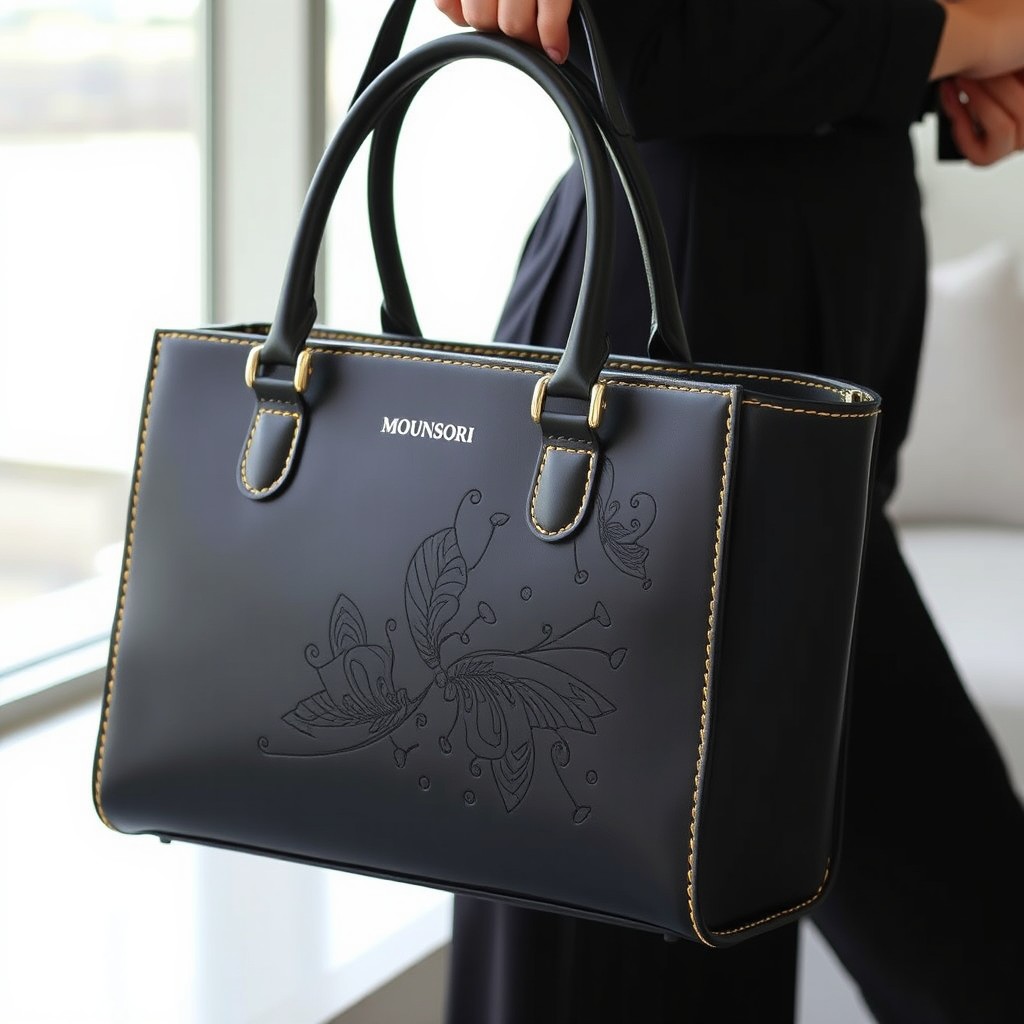 A luxury Mounsori handbag featuring gold stitching, designed in a sleek black color