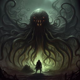 Generate a piece of art inspired by the Gothic, Lovecraftian aesthetics of the video game 'Darkest Dungeon', with its grim heroes, eerie environments, and menacing, otherworldly creatures