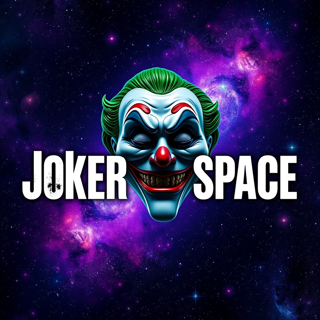 A striking YouTube thumbnail featuring a Joker mask prominently displayed in the center, surrounded by a breathtaking cosmic universe backdrop