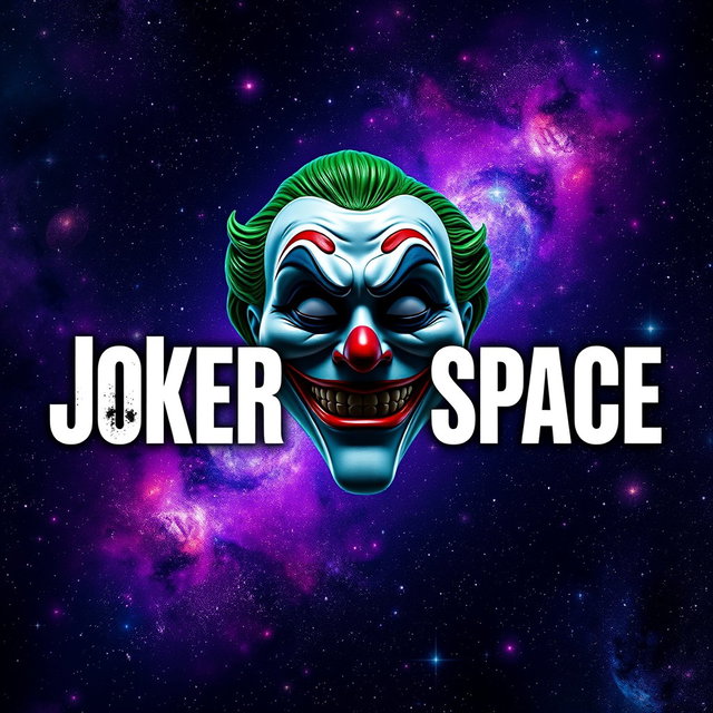A striking YouTube thumbnail featuring a Joker mask prominently displayed in the center, surrounded by a breathtaking cosmic universe backdrop