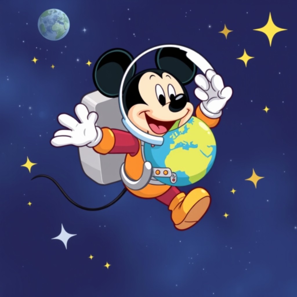 A fun and humorous illustration of a cartoonish Mickey Mouse as an astronaut, floating in space with a big smile