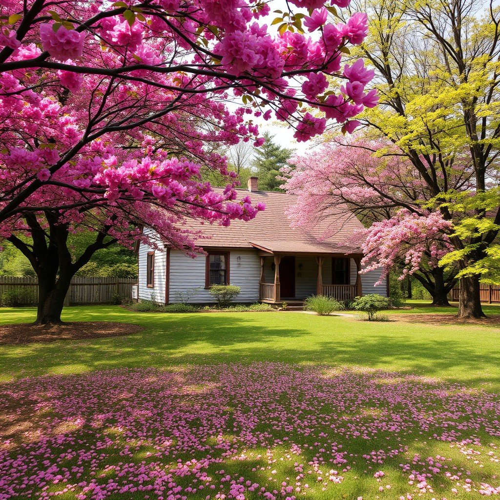 An old one-story house with a charming architectural style surrounded by a sprawling yard