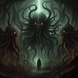 Generate a piece of art inspired by the Gothic, Lovecraftian aesthetics of the video game 'Darkest Dungeon', with its grim heroes, eerie environments, and menacing, otherworldly creatures