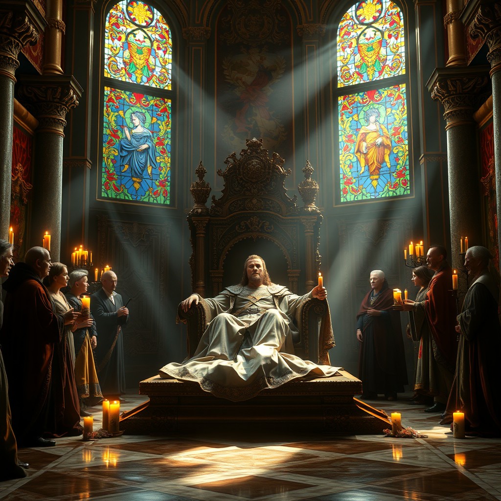 A majestic, sorrowful scene depicting the death of King Polygus