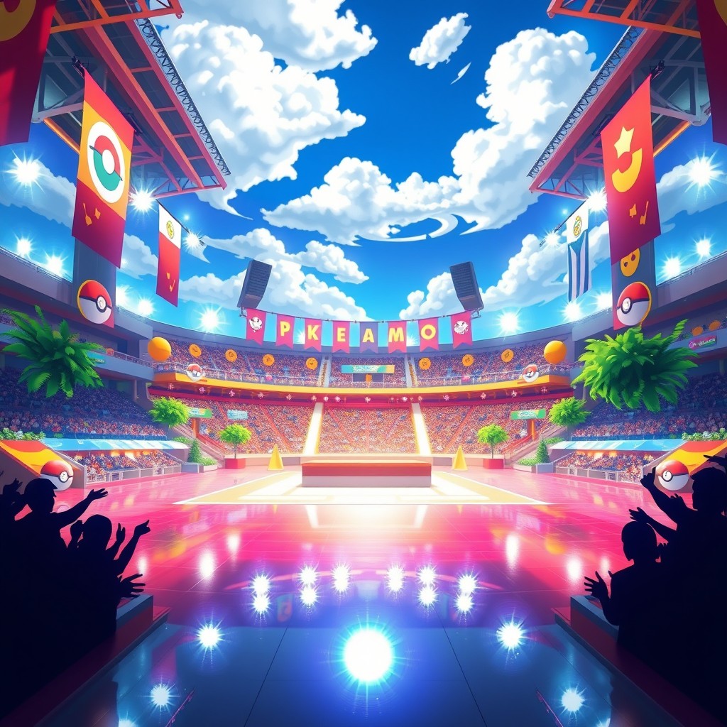 A colorful and vibrant Pokémon-style gym battle background, featuring a large arena with a polished, gleaming floor