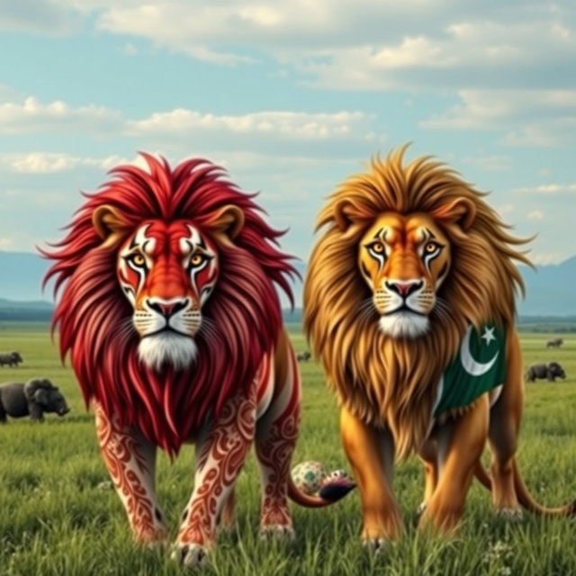 Two majestic lions, one adorned with the Turkish flag and the other with the Pakistani flag, standing side by side in a lush green savanna