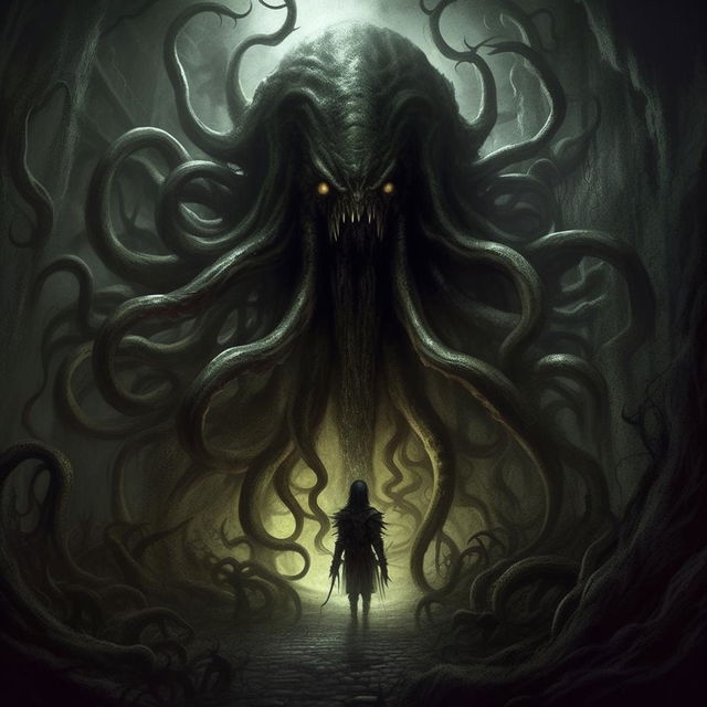 Generate a piece of art inspired by the Gothic, Lovecraftian aesthetics of the video game 'Darkest Dungeon', with its grim heroes, eerie environments, and menacing, otherworldly creatures