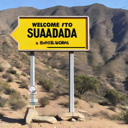 A Hollywood-style sign reading 'Welcome to Bou Saada' on the side of Kerdada Mountain.