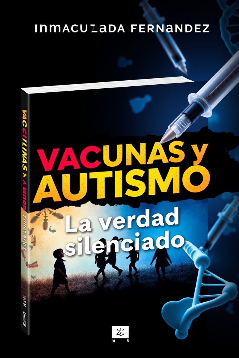 A visually striking book cover design for "Vacunas y Autismo: La verdad silenciada" by Inmaculada Fernández