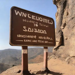 A Hollywood-style sign reading 'Welcome to Bou Saada' on the side of Kerdada Mountain.