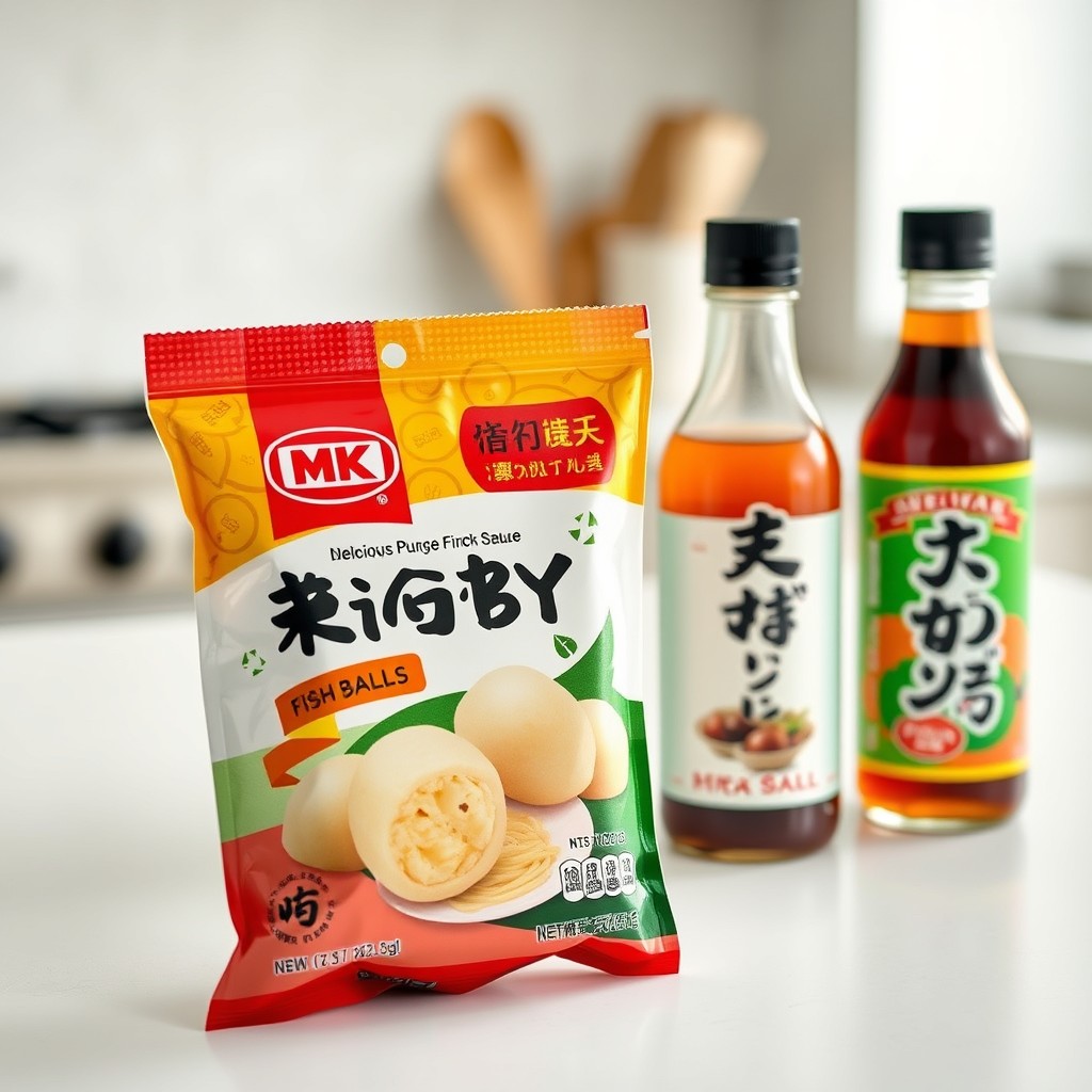 A small retail package of MK Rugby Fish Balls, featuring a colorful, eye-catching design