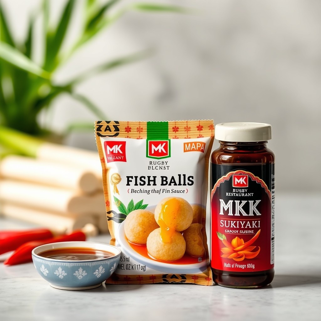 A beautifully arranged small retail package of MK Rugby Fish Balls, accompanied by MK Sukiyaki sauces