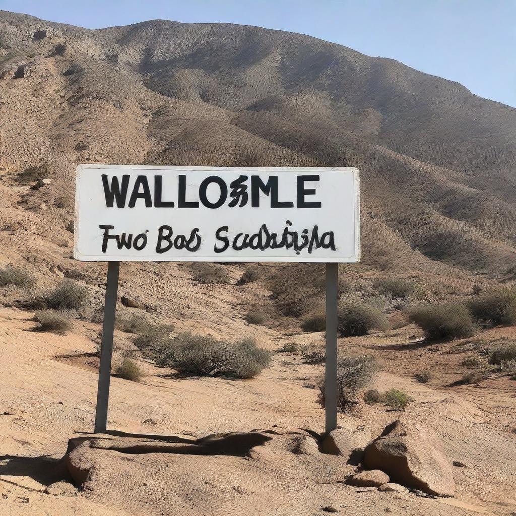 A Hollywood-style sign reading 'Welcome to Bou Saada' on the side of Kerdada Mountain.