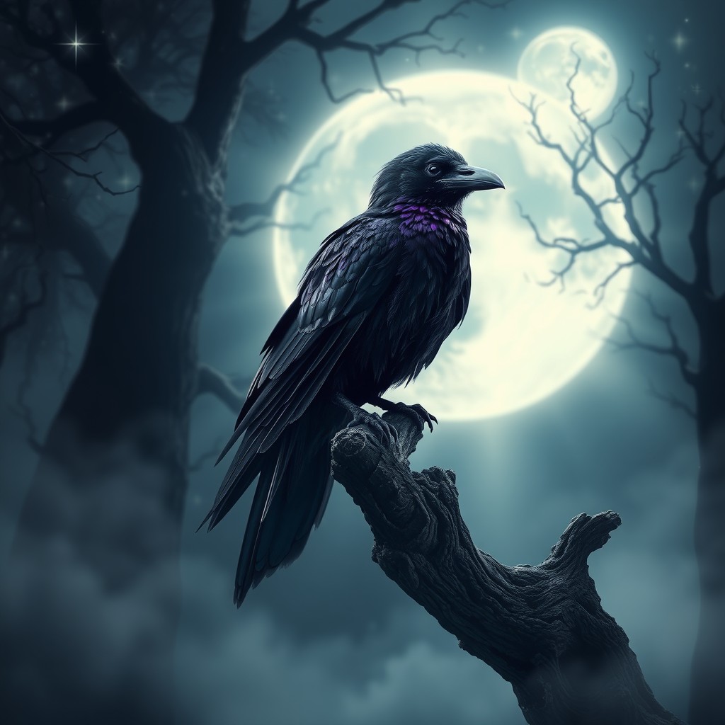 A mystical raven perched elegantly on a gnarled tree branch surrounded by ethereal fog