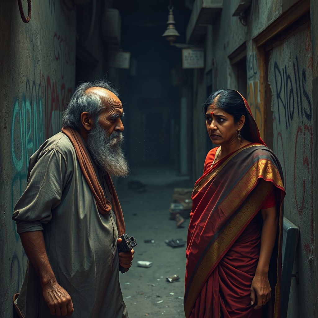 A tense scene depicting a dark alley in an urban setting, where a Muslim beggar man, with unkempt beard and worn clothing, is shown in an aggressive pose