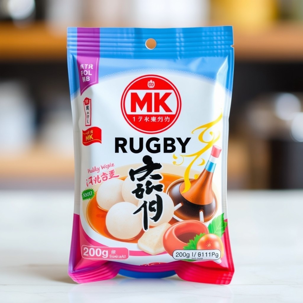 A small retail packaging of 200g MK Rugby Fish Balls, designed with an attractive and colorful layout