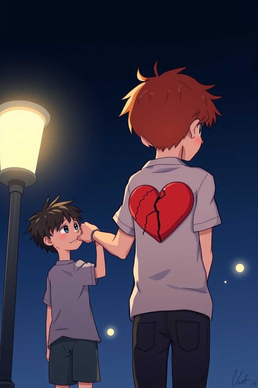 Two boys at night under streetlights, in a cartoon style