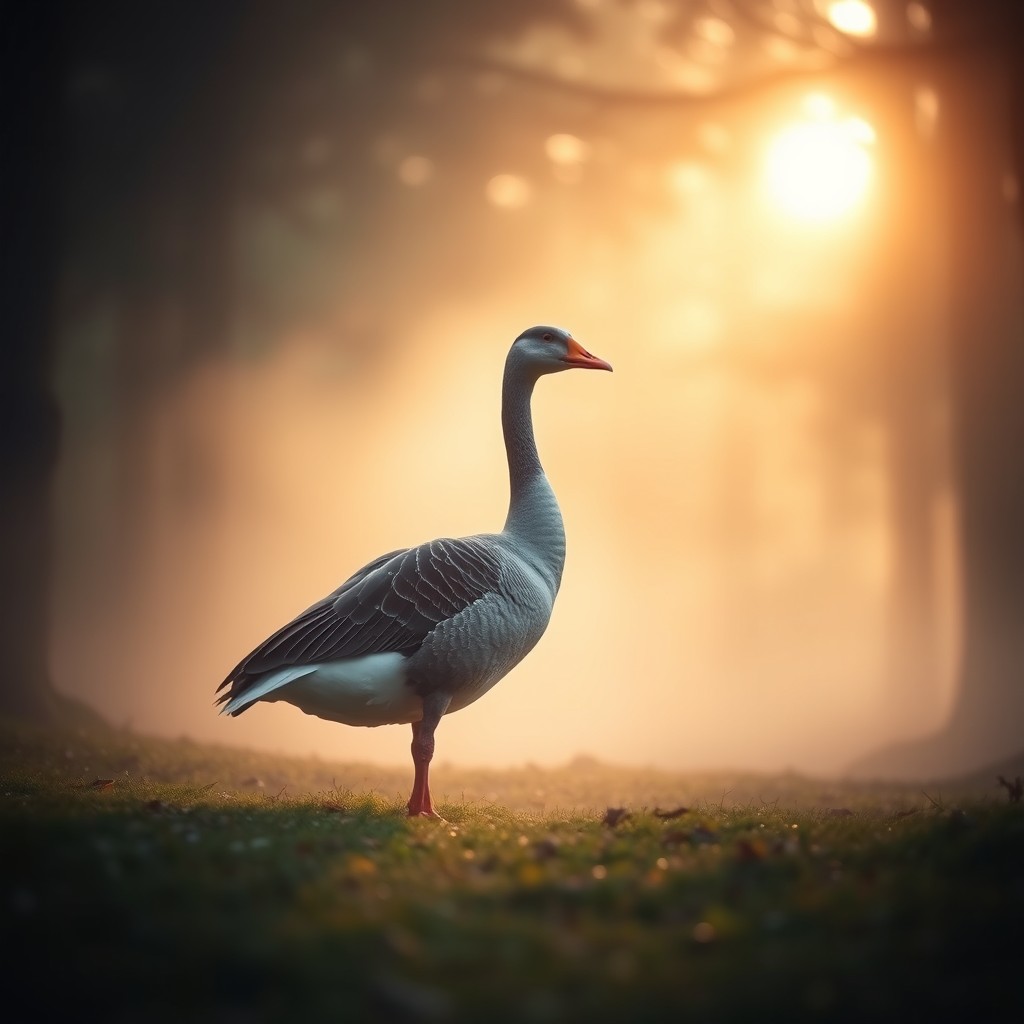 A serene and magical scene featuring a goose standing gracefully in a foggy forest