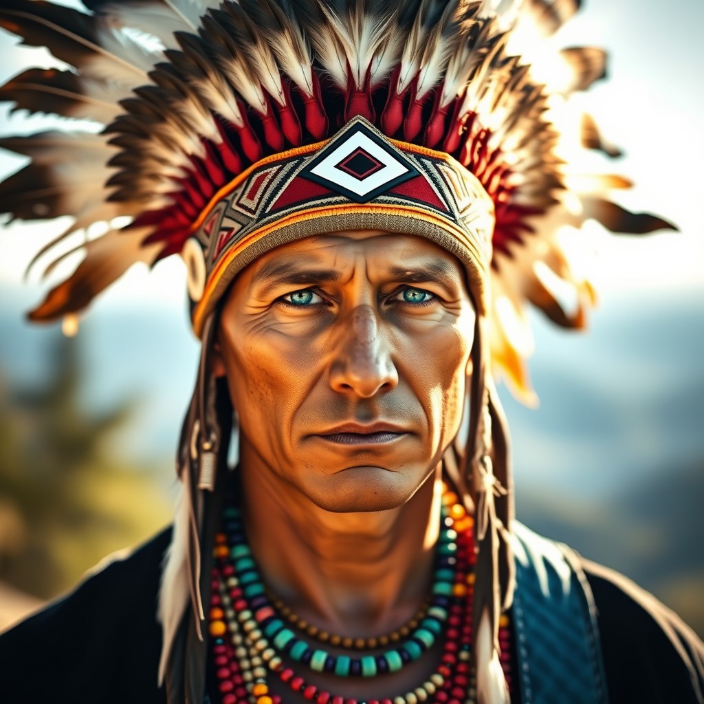 A Native American man wearing a traditional headdress adorned with large feathered plumes, showcasing his striking blue eyes