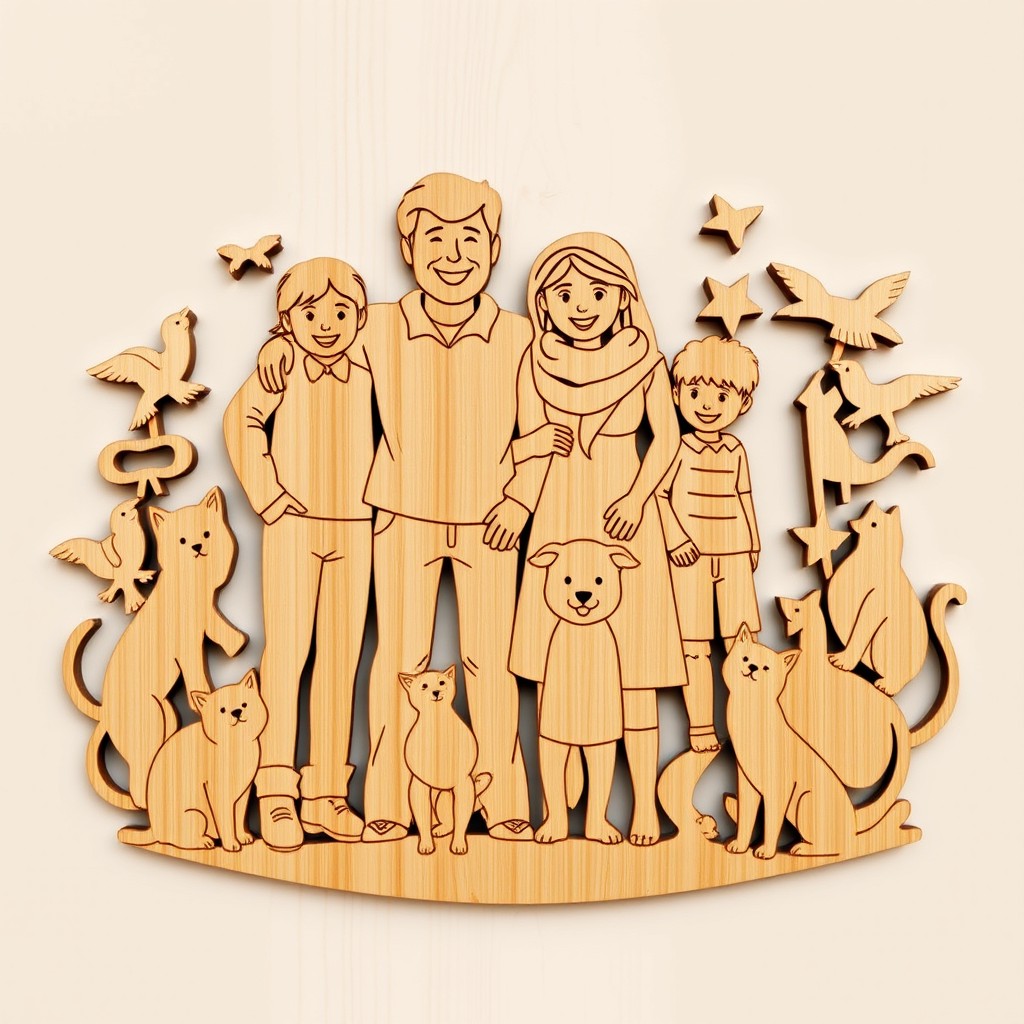 A beautifully crafted wooden cut-out depicting a loving family scene