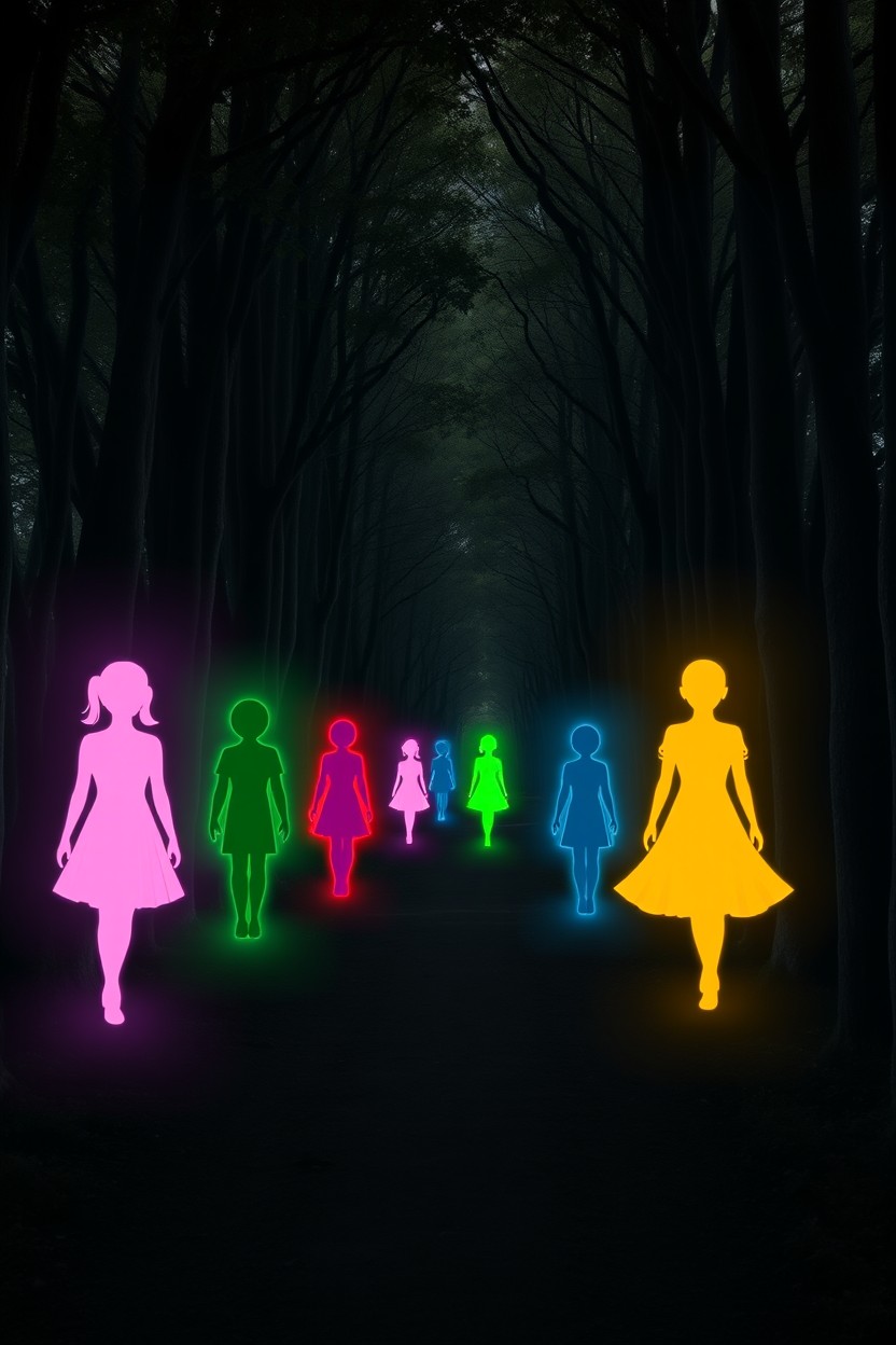 A dark forest path illuminated by eight radiant auras