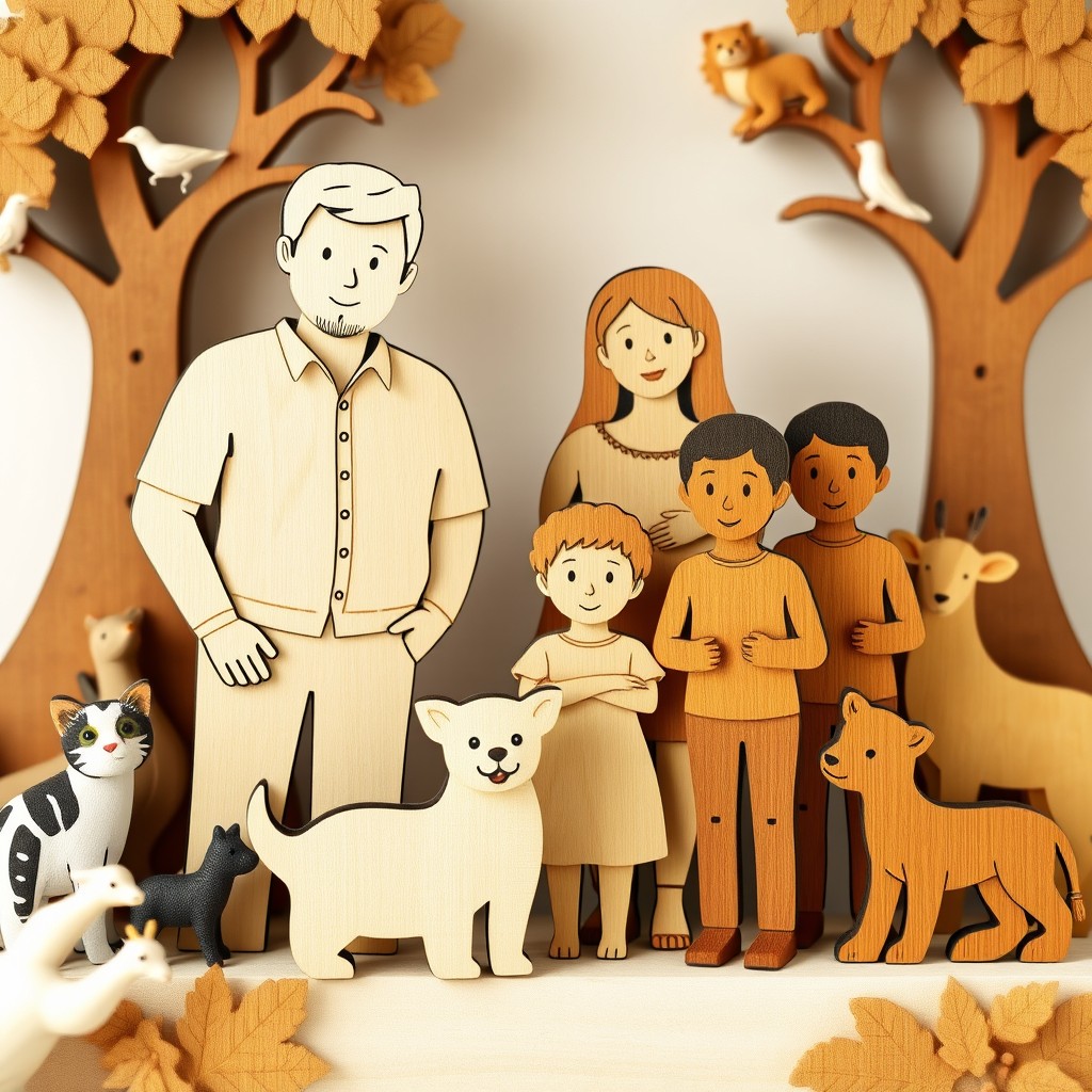 A wooden cut-out family figurine scene, featuring a stepdad who is white, a mom who is light brown, two stepsons, and two sons
