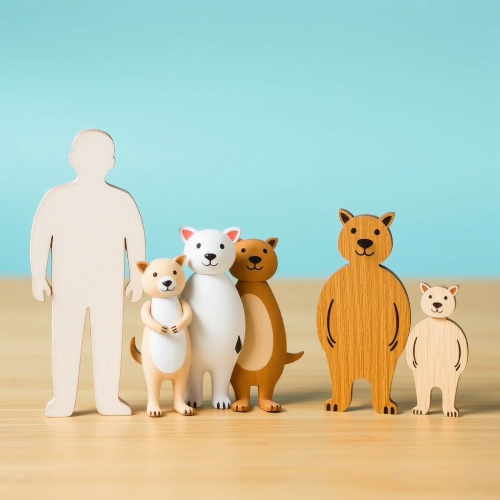 A wooden cut-out family figurine scene represented by different animals: the father is depicted as a tall white animal, the mother as a short light brown animal, the oldest son as a chubby white animal slightly taller than the mother, the second son as a light black animal taller than both the mother and the oldest son, the third son as a light brown animal just as tall as the second son, and the fourth son as a lighter brown animal standing just as tall as the mother