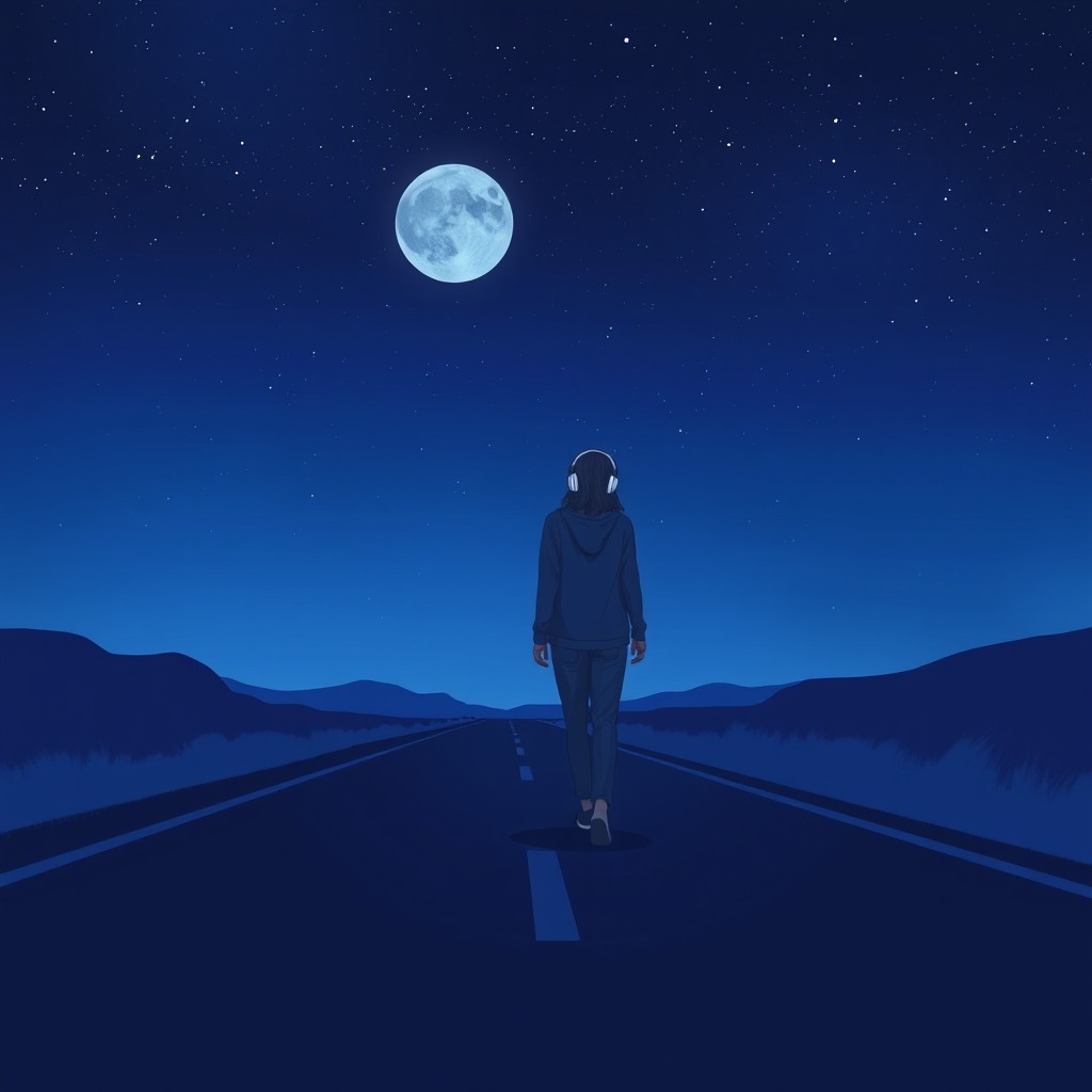 A nostalgic night scene depicting an endless road in motion, with a person walking while listening to music through headphones