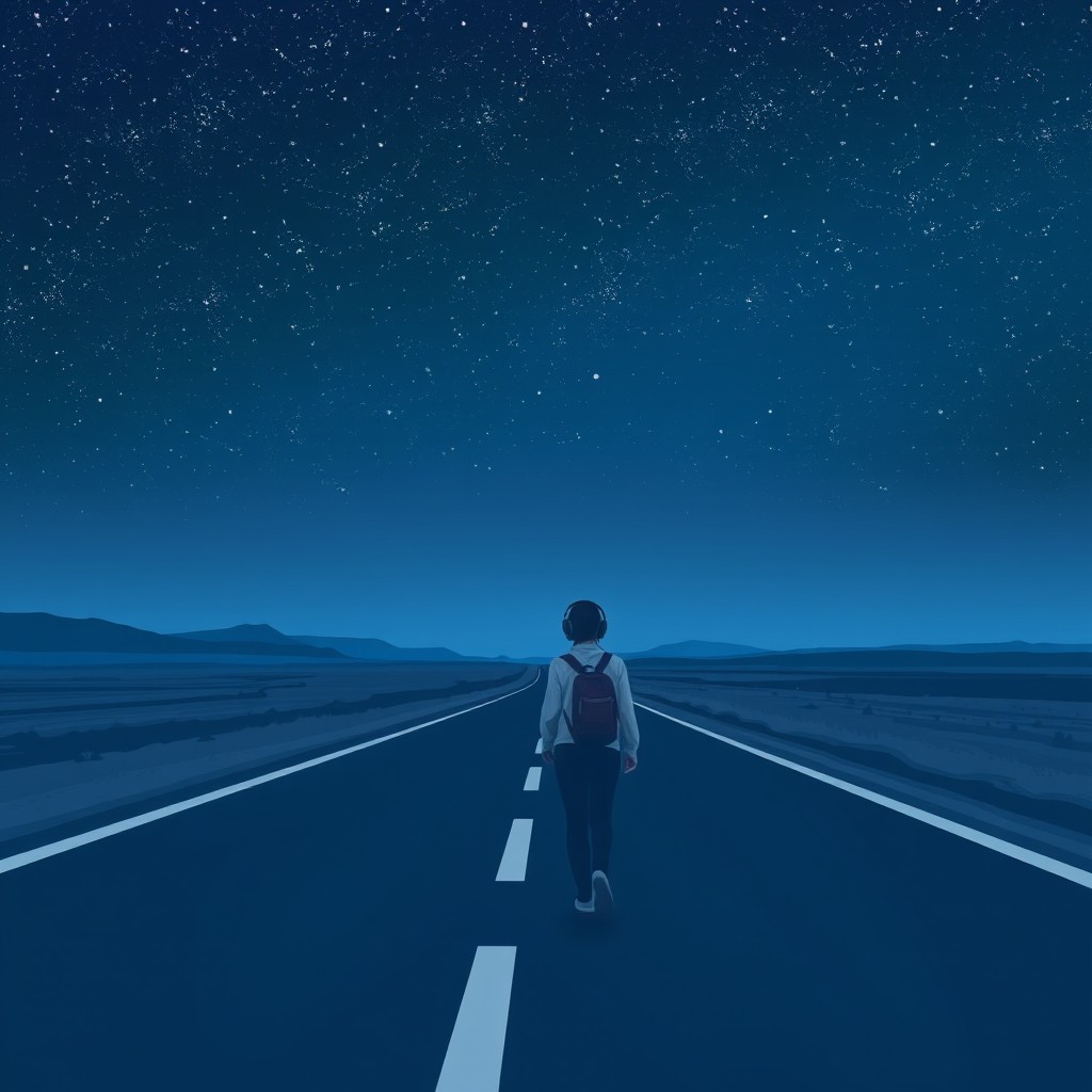 A nostalgic night scene featuring an endless road in motion under a starry sky
