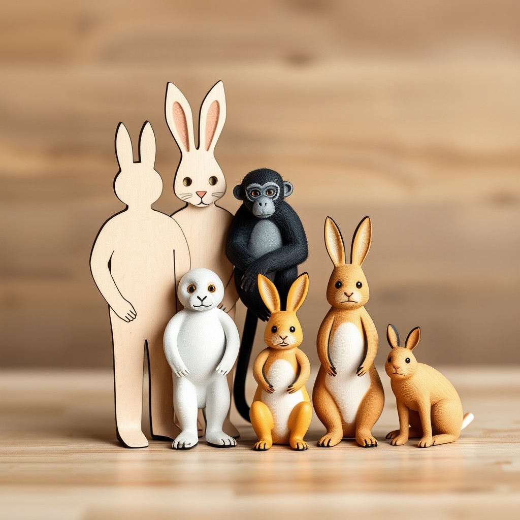 A wooden cut-out family figurine scene featuring a variety of animals representing a family: the father is depicted as the tallest white rabbit, the mother as the shortest light brown monkey