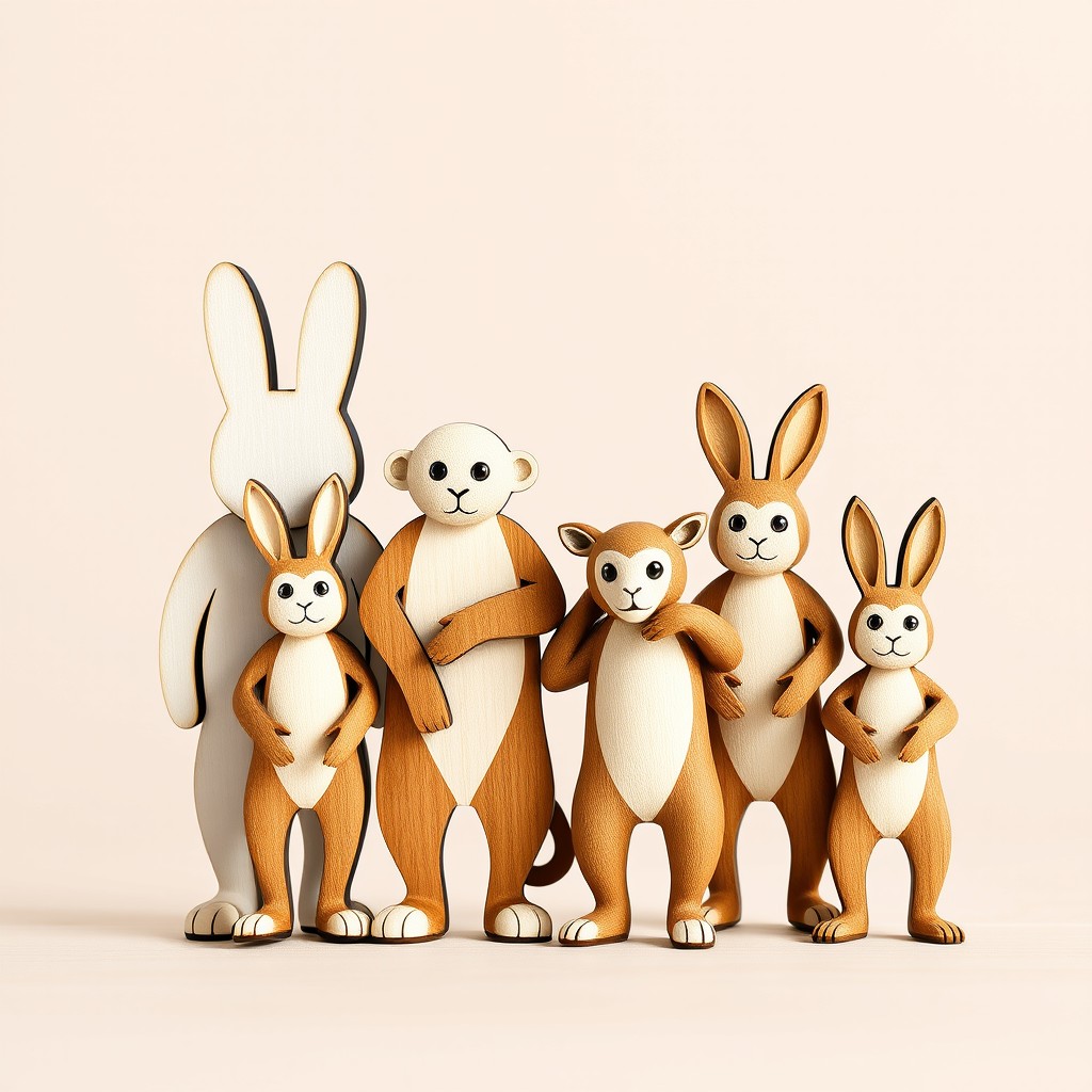 A wooden cut-out family figurine scene featuring three rabbits and three monkeys representing a family: the father is depicted as the tallest white rabbit, the mother as the shortest light brown monkey