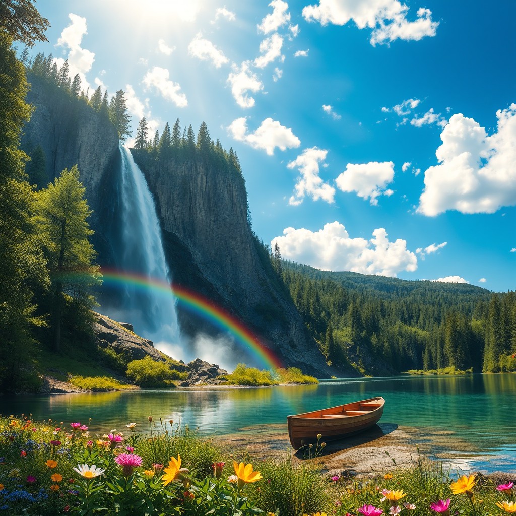 A fantasy landscape with a majestic waterfall cascading down a rocky cliff into a crystal-clear lake surrounded by lush green forests