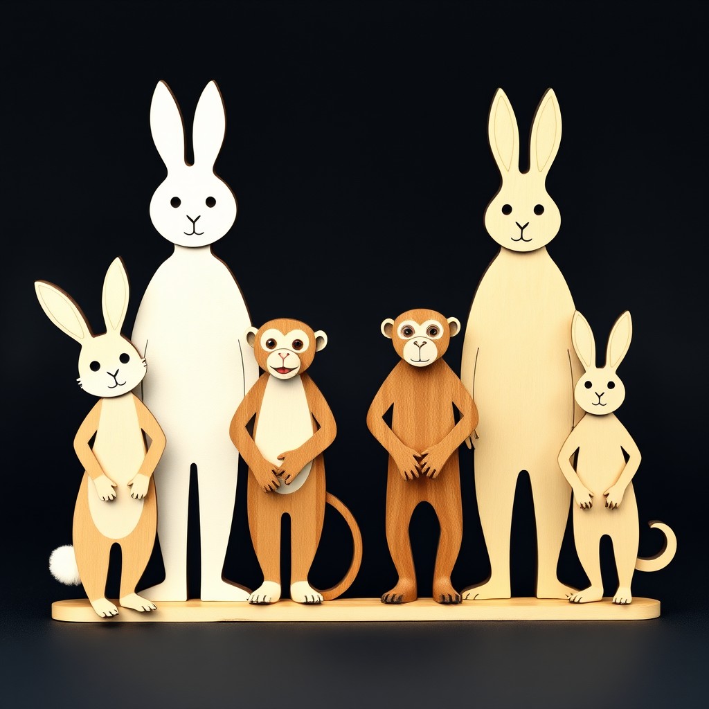 A wooden cut-out family figurine scene represented by different animals, showcasing three rabbits and three monkeys: the father is a tall 6'2" white rabbit, the mother is a 5'6" light brown monkey who is the shortest character