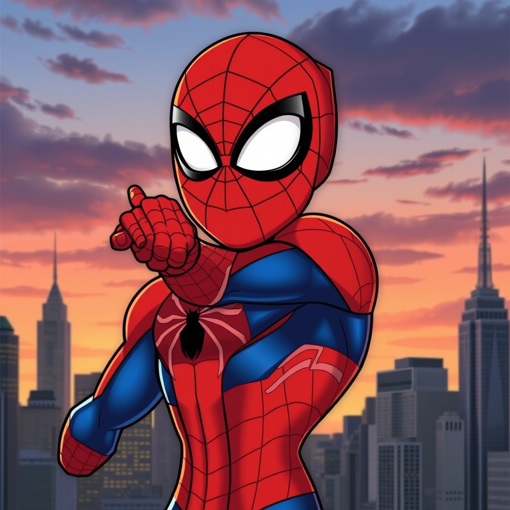 A cartoon illustration of Spider-Man's body, featuring a meticulously detailed and expressive face