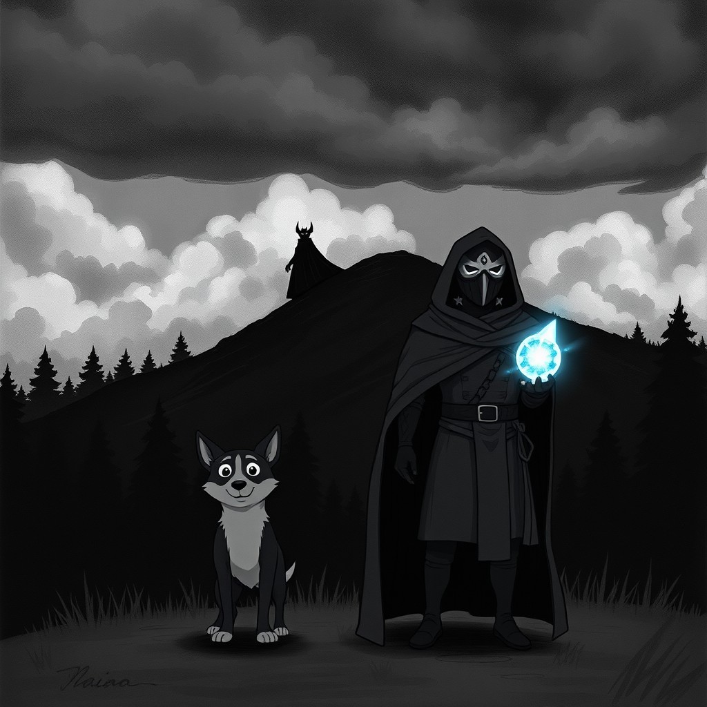 A dark and moody scene featuring stormy clouds above a shadowy forest in the background