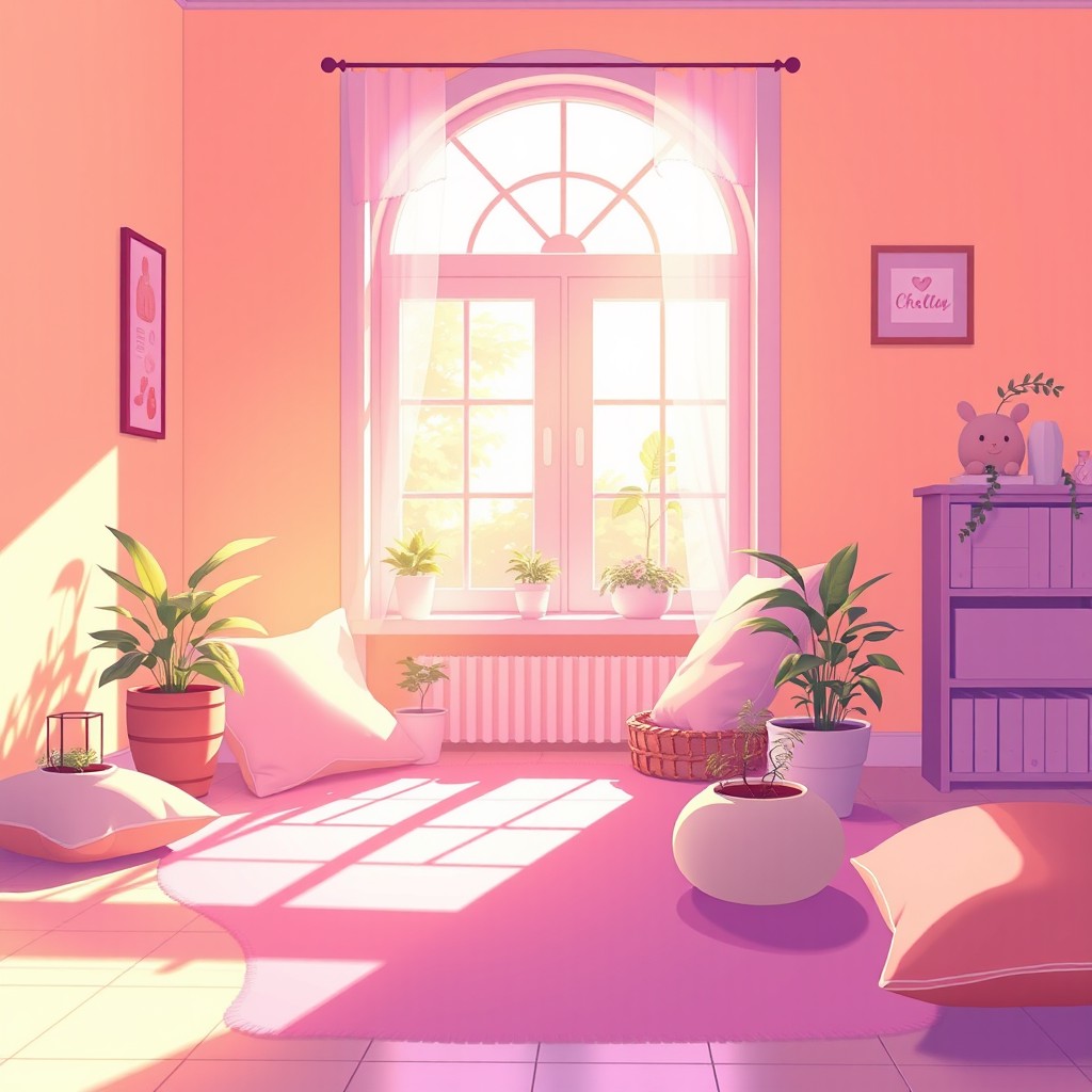 An optimistic anime-style scene featuring soft pastel tones of orange, pink, and purple