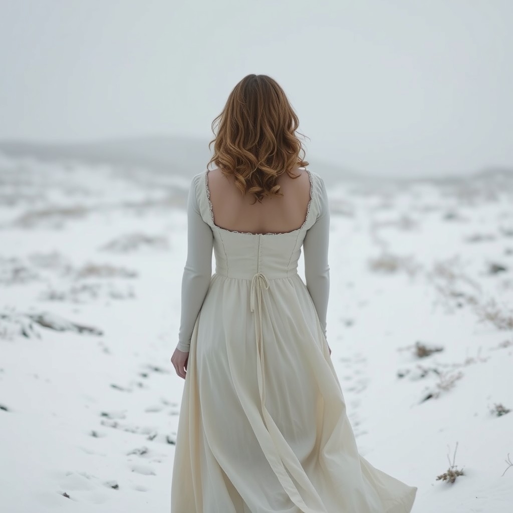 A woman walking through a snow-covered landscape, viewed from behind