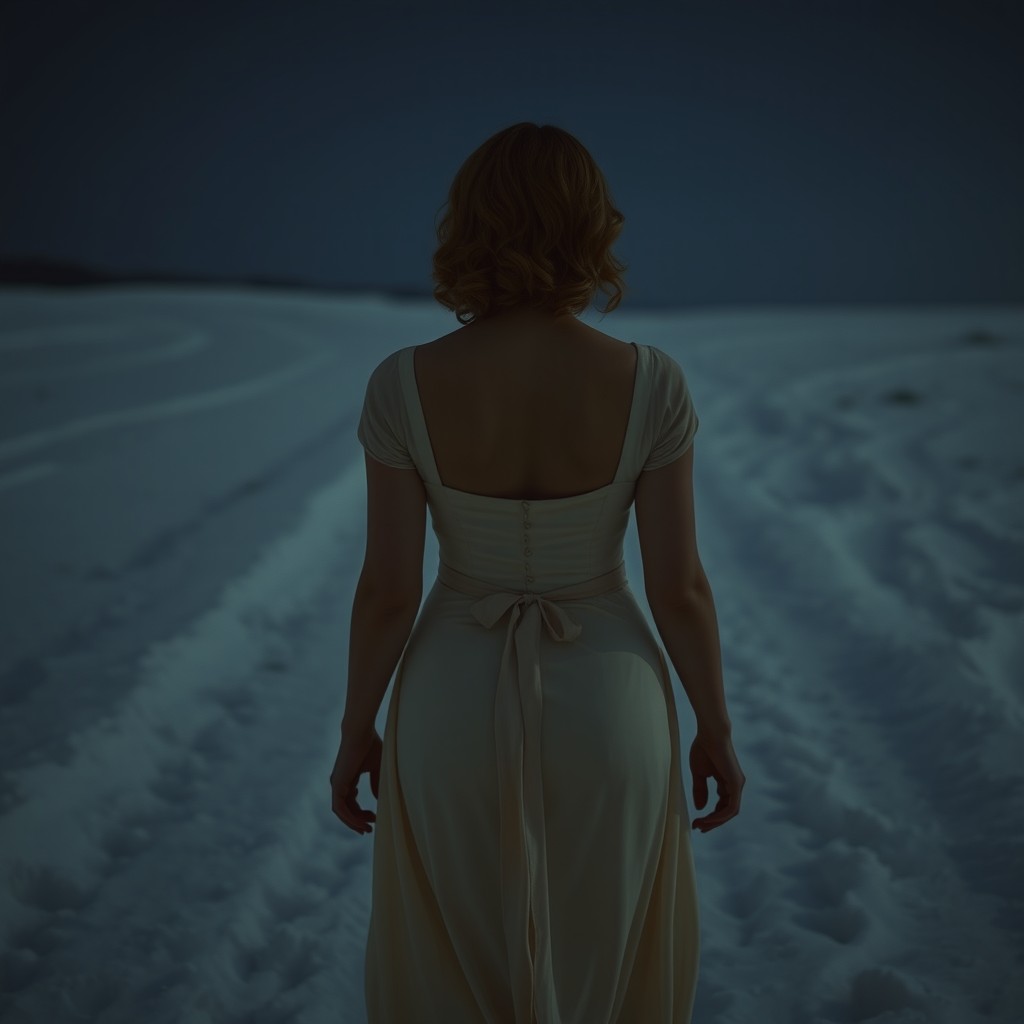 A woman walking through a snow-covered landscape, viewed from behind