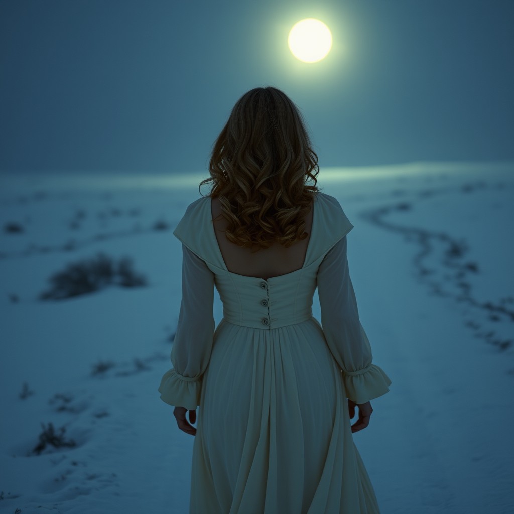A woman walking through a snow-covered landscape, viewed from behind