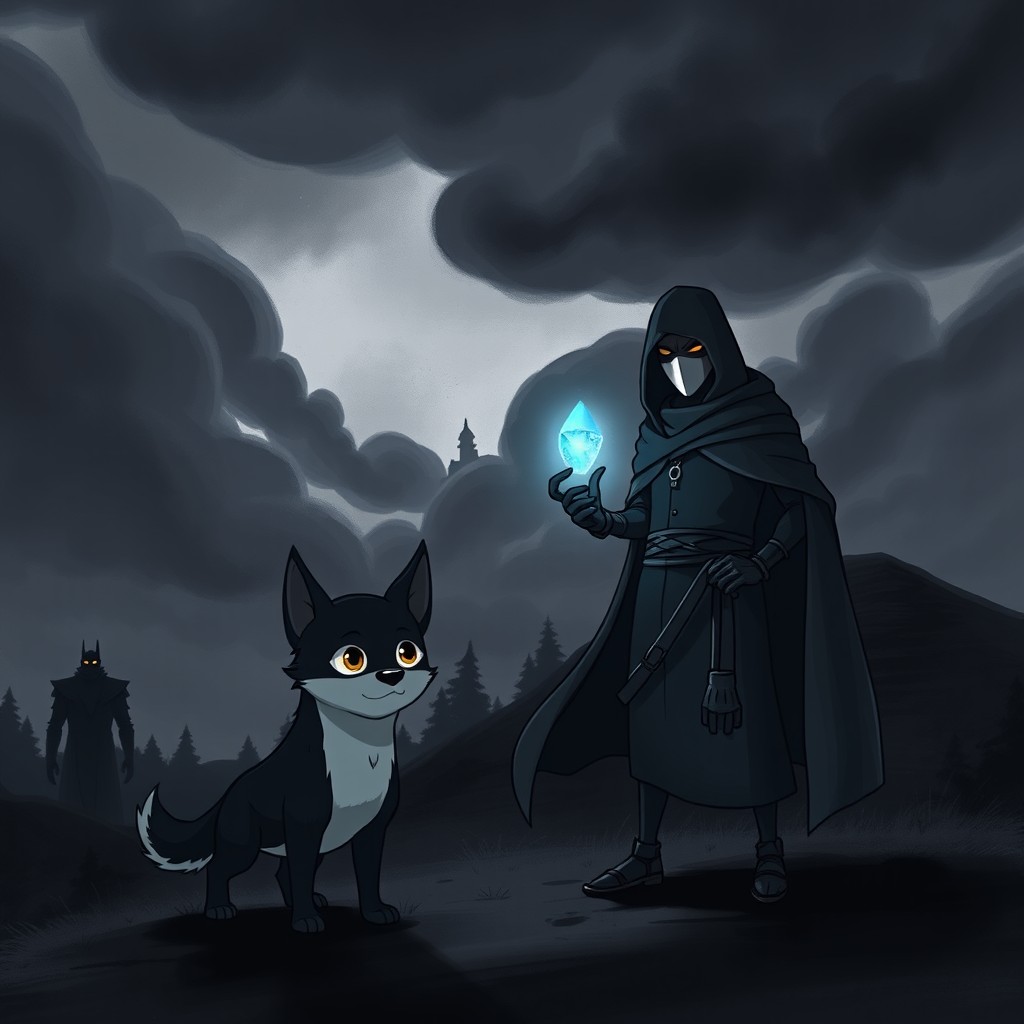 A dark and moody fantasy setting featuring heavy clouds and a shadowy forest in the background