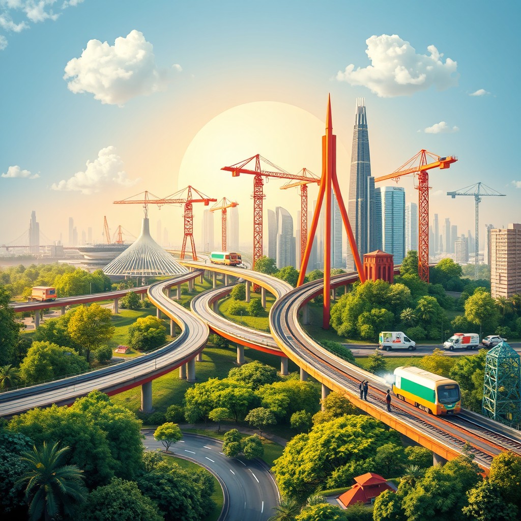 A dynamic and visually striking conference artwork depicting major infrastructure projects in India