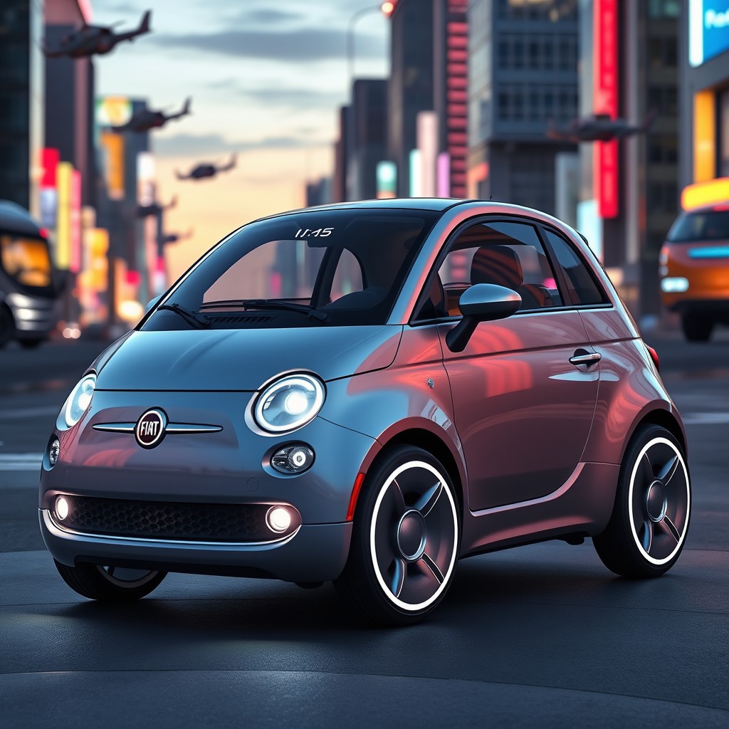 A futuristic interpretation of a small car similar to the Fiat 500, with sleek aerodynamics and a compact design
