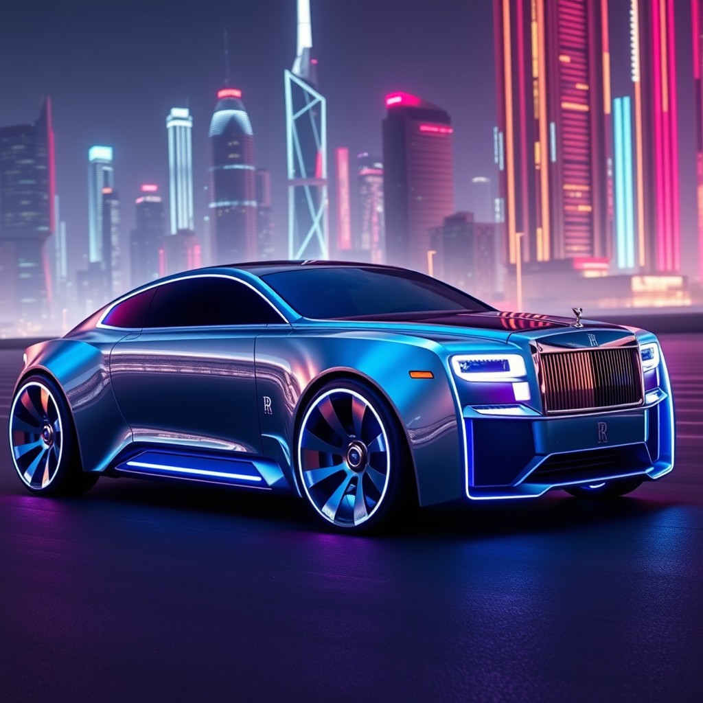 A futuristic car inspired by the design of the Rolls-Royce Spectre, featuring sleek lines, a smooth aerodynamic shape, and cutting-edge technology