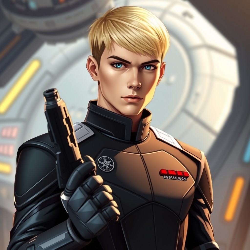 A young male imperial officer standing confidently, featuring short blonde crew cut hair and striking blue eyes