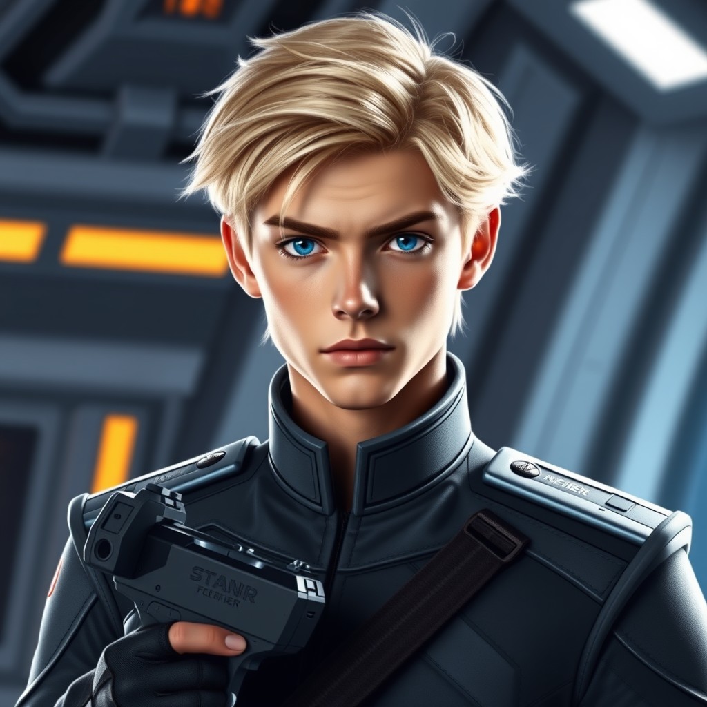 A young male imperial officer with stylish blonde aviator hair and captivating blue eyes, embodying a confident and determined look